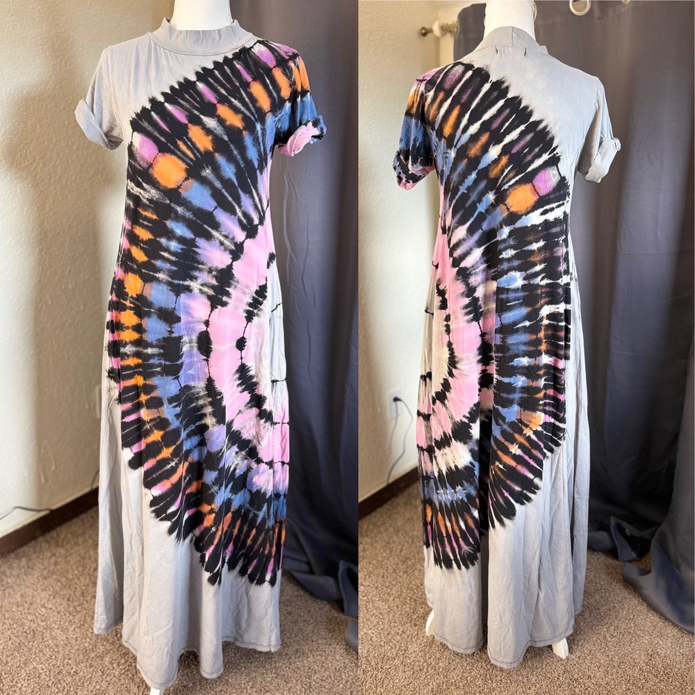 Garrabert Bette Reese Tie Dye Mock Neck Maxi Dress 70s Boho Festival - Picture 2 of 6